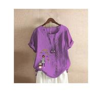 (LightPurple Traveler, XL) Over Retro Vintage Floral Print Button Blouse Shirts Summer Women O-Neck Short Sleeve Casual Cotton Linen Tops