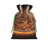 Lights hit the brick wall Printed Christmas Drawstring Bags Reusable Xmas Bag for Party Xmas Gift Wrapping, Green Ribbon, M