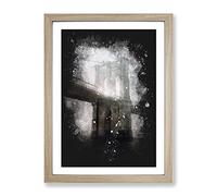 Lights Of Brooklyn Bridge Paint Splash Modern Framed Print | A3 Oak Framed Wall Art | Ready to Hang | Modern Cityscape Picture | Living Room Bedroom Lounge Office