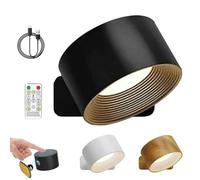 Lights of Sweden Wall Lights, Rechargeable Wall Mounted Sconces With 1200mah Battery, 360°Rotation Lighting, Living Room Gadgets, 3 Color Temperatures Cordless Light, For Bathroom (Black-with control)