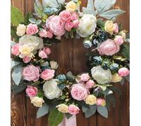 [Lights & Timer] Pink Floral Spring Summer Wreaths for Front Door & 60 Silk Flowers Rose Wreath Roses Camellias Ribbon for All Season Wedding Party Mothers Day Farmhouse Wall Window Home Decor 20 Inch