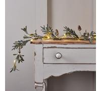 Lights4fun 1.5m Artificial Mix Leaf Autumn Winter Foliage Mistletoe Garland with White Berries and Pinecones Indoor Decoration with 50 Micro LEDs Battery Operated with Timer
