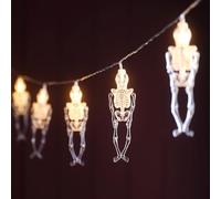 Lights4fun 1.8m Skeleton Halloween String Lights with 10 Clear Plastic Skeletons, Warm White LED Lights, Battery Operated with 6 Hour Timer, Movable Joints, Indoor Spooky Décor for Halloween Parties
