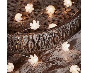 Lights4fun 20 White Lotus Flower Battery Operated Micro LED Fairy Lights - 2m Silver Wire String Lights with Warm White LEDs & Timer - Indoor Floral Decoration