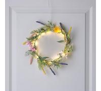 Lights4fun 20cm Pre-Lit Artificial Lavender Wildflower Foliage Wreath with 16 Warm White LEDs - Battery Operated Front Door & Indoor Wall Decoration, Spring Summer Floral Design with Timer Function
