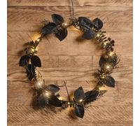 Lights4Fun 30cm Black Halloween Wreath with Gothic Foliage and 20 Warm White Micro LEDs - Battery Operated Twig and Leaf Door Decoration with 6-Hour Timer for Indoor Styling