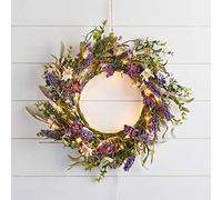 Lights4fun 55cm Artificial Lavender Flower Spring Wreath Decoration with Battery Operated Micro Fairy Lights for Front Door & Indoor Wall