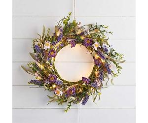Lights4fun 55cm Artificial Lavender Flower Spring Wreath Decoration with Battery Operated Micro Fairy Lights for Front Door & Indoor Wall