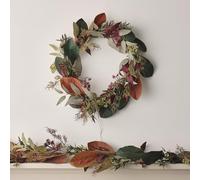 Lights4fun Artificial Autumn Winter Wreath and Garland Set with Faux Eucalyptus Leaves