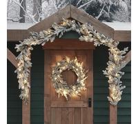 Lights4fun Dual LED Pre Lit Artificial Snowy Outdoor Battery Operated Christmas Wreath and Garland Bundle