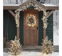 Lights4fun Dual LED Pre Lit Artificial Snowy Outdoor Battery Operated Christmas Wreath, Garland and Trees Bundle
