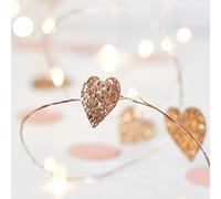 Lights4fun Gold Glitter Love Heart String Fairy Lights - 20 Warm White Micro LEDs on 1.9m Copper Wire - Battery Operated with Timer - Indoor Romantic Lighting