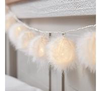 Lights4fun Indoor 10 LED White Fluffy Pom Pom Fairy String Lights with Timer - Battery Operated 1.8m Garland - Interior Décor for Bedroom, Nursery, Playroom, or Office