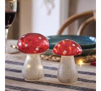 Lights4fun Indoor Christmas Set of 2 Mottled Glass Effect Light Up LED Toadstool Mushrooms Ornament Tabletop Decoration