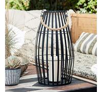Lights4fun Large Outdoor Black Slatted Metal Lantern with Rope Handle - Includes TruGlow® Warm White Flickering LED Candle - Battery Operated with 6-Hour Timer - IP44 Waterproof