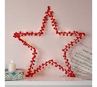 Lights4fun Osby Star Light Red Pom Pom Christmas Decoration Warm White LEDs Battery Timer 51cm
