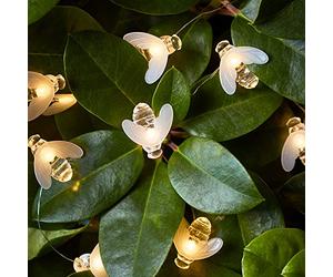 Lights4fun Outdoor 20 Honey Bumble Bee Battery String Fairy Lights Warm White Micro LED Silver Wire 2m with Timer Waterproof