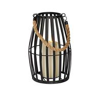 Lights4fun Outdoor Black Metal Slatted Battery Operated Garden Lantern with Rope Handle & TruGlow LED Candle Timer 29cm