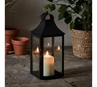 Lights4fun Outdoor Garden Classic Black Metal Decorative Lantern with TruGlow® Candle Battery Operated Remote & Timer 34cm