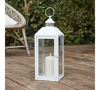 Lights4fun Outdoor Medium Floor Lantern White Metal 40cm TruGlow LED Candle Timer