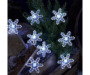 Lights4fun Outdoor Snowflake Christmas String Lights White LED Battery Operated Timer 3.8m