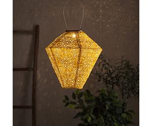 Lights4fun Outdoor Solar Powered Moroccan Yellow Decorative Light Hanging Lantern IP44 Fully Waterproof