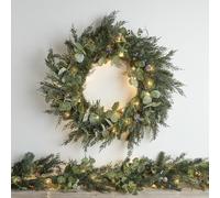Lights4fun Pre Lit Battery Operated Oversized Artificial Berry & Pinecone Christmas Wreath and Garland Bundle Indoor and Outdoor Use
