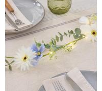 Lights4fun Pre Lit Blue and White Bloom Garland with Warm White Micro LED Lights, Artificial Floral Garland for Tables & Seasonal Home Styling