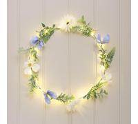 Lights4fun Pre Lit Blue and White Bloom Wreath with Warm White Micro LED Lights, Artificial Floral Door Wreath for Spring & Summer Home Décor