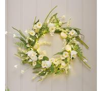 Lights4fun Pre Lit Yellow Spring Daisies Wreath with Warm White LED Lights, Artificial Floral Door Wreath for Easter Décor & Seasonal Home Styling