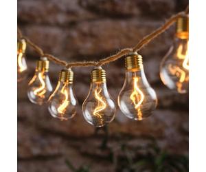 Lights4fun Set of 10 Natural Rope Outdoor Battery Festoon Lights with Warm White LEDs, Garden String Lights for Patios & Parties