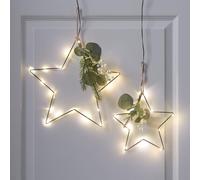 Lights4fun Set of 2 Black Iron Stars Entwined with 30 LEDs and Covered in Winter Faux Foliage