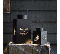 Lights4fun Set of 2 Black Metal Halloween Candle Lanterns LED Battery Operated for Indoor Outdoor Use