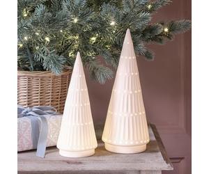 Lights4fun Set of 2 Indoor White Ceramic Light Up LED Christmas Trees Ornament Tabletop Decoration