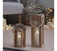 Lights4fun Set of 2 Nautical Wooden Decorative Battery Operated LED Candle Lanterns with Rope Handle