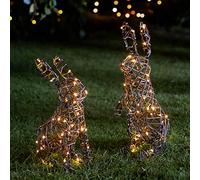Lights4fun Set of 2 Outdoor Christmas Rattan Bunnies Garden Decoration 100 Warm White LEDs Plug In Timer 50cm