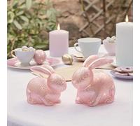 Lights4fun Set of 2 Pastel Pink Mottled Glass Easter Bunny Decorations 20 Warm White LEDs Battery Operated with Timer