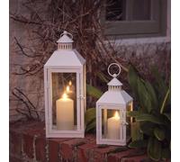Lights4fun Set of 2 White Metal Decorative TruGlow® Candle Lanterns Battery Operated with Remote Control and Timer Indoor and Outdoor Use