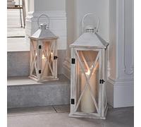 Lights4fun Set of 2 White Wooden Battery Operated LED TruGlow® Candle Lanterns with Handle