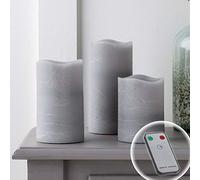 Lights4fun Set of 3 Battery Operated Grey Remote Controlled Real Wax Pillar Candles Warm White LEDs