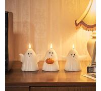 Lights4fun Set of 3 Halloween Ghosts TruGlow® Pillar Candles Battery Operated with Remote & Timer