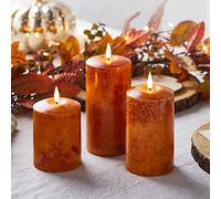 Lights4fun Set of 3 Mottled Orange TruGlow® Battery LED Flameless Pillar Candles Real Wax Timer