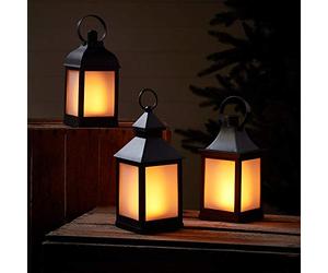 Lights4fun Set of 3 Outdoor Garden Black Candle Lanterns Battery Operated Flickering Amber LED Flame Effect Fully Waterproof