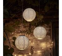 Lights4fun Set of 3 Outdoor Solar Powered Tyvek Moroccan White Decorative Garden & Patio Hanging Lantern Lights - Elegant IP44 Waterproof LED Lighting for Outdoor Ambiance and Style