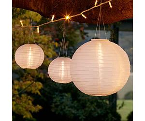 Lights4fun Set of 3 Outdoor Solar-Powered White Chinese Hanging Garden Lanterns with Warm White LEDs - Decorative IP44 Waterproof Lighting with Metal Hooks for Summer Parties, Weddings & Garden Décor