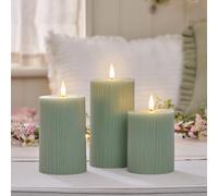 Lights4fun Set of 3 Ribbed Pillar Candles in Sage