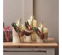 Lights4fun Set of 3 TruGlow® Battery Operated Flameless LED Pillar Candles Christmas Foliage Real Ivory Wax with Remote Control Indoor Use
