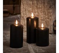 Lights4fun Set of 3 TruGlow® Battery Operated LED Flameless Pillar Candles with Timer Black Wax
