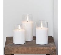 Lights4fun Set of 3 TruGlow® Clear Glass Battery Operated LED Flameless Pillar Candles Real White Wax with Timer