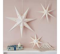 Lights4fun Set of 3 White Paper Star Lanterns Hanging Christmas Decoration 7 Points 60 Warm White LEDs Battery Operated with Timer Indoor Use